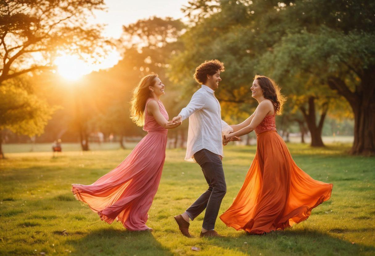 A whimsical scene depicting a diverse group of people engaging in various alternative lifestyles, such as two partners sharing a laugh in an open park, a serene figure meditating nearby, and a vibrant couple dancing joyfully. Each individual showcases unique fashion styles that symbolize love, freedom, and personal expression. A colorful sunset in the background adds warmth and harmony to the scene. dreamlike. vibrant colors. soft focus.