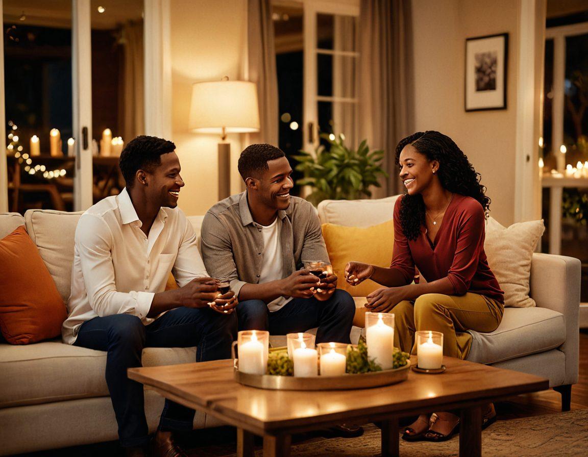 A tasteful and intimate scene depicting two couples engaging in a joyful and respectful conversation in a cozy, candle-lit living room, with elements of love and trust symbolized by intertwined hands and soft smiles. Add an inviting atmosphere with warm colors, plush furniture, and a hint of delicacy in the air, showcasing the essence of emotional connection and exploration. super-realistic. warm tones. softly lit.