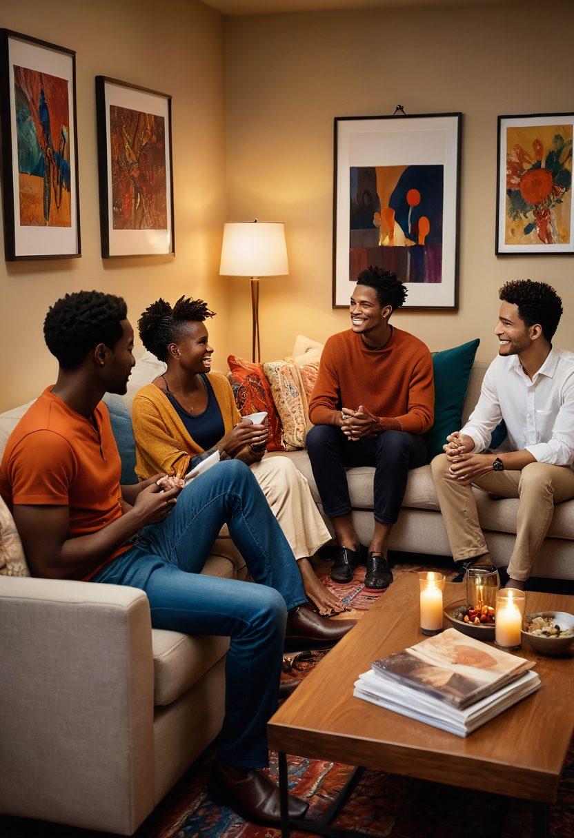 A vibrant scene depicting a diverse group of couples engaged in an open and friendly discussion, set in a cozy living room with warm lighting. The atmosphere is lively, showcasing elements of trust and communication, with subtle hints of connection and intimacy. Include decorative items that represent various cultures, symbolizing the exploration of alternative lifestyles. super-realistic. warm colors. intimate setting.